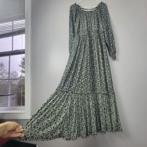 Knox Rose Women's S Tulle Floral Tiered Dress Green Black Long Sleeve Round Neck